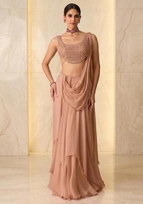 Peach Embroidered Handwork Pre Draped Saree Set