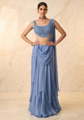 Powder Blue Embroidered Handwork Pre Draped Saree Set