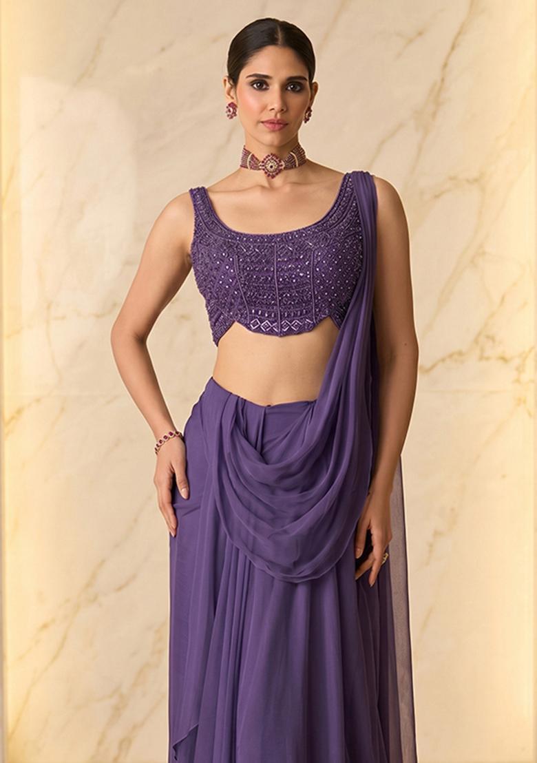 Purple Embroidered Handwork Pre Draped Saree Set - Indya