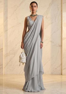 Grey Embroidered Handwork Pre Draped Saree Set