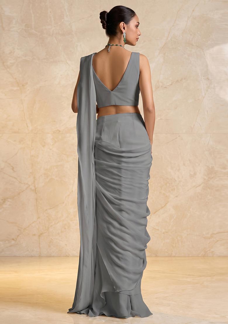Grey Embroidered Handwork Pre Draped Saree Set - Indya