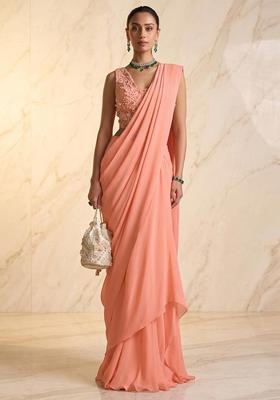 Peach Embroidered Handwork Pre Draped Saree Set