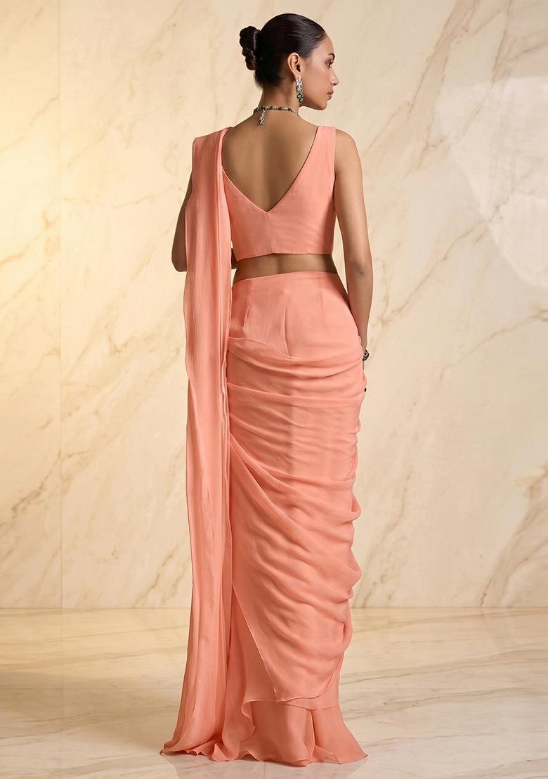 Peach Embroidered Handwork Pre Draped Saree Set - Indya