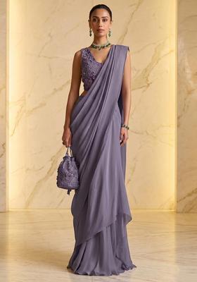 Purple Embroidered Handwork Pre Draped Saree Set
