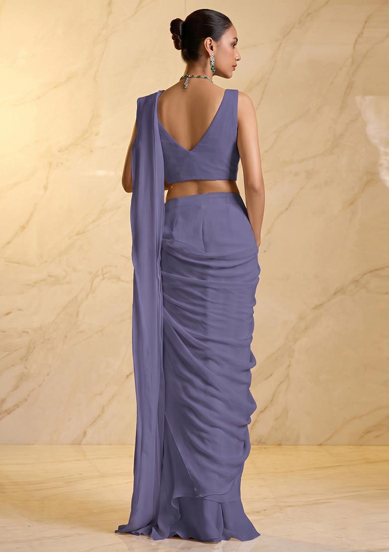 Purple Embroidered Handwork Pre Draped Saree Set - Indya