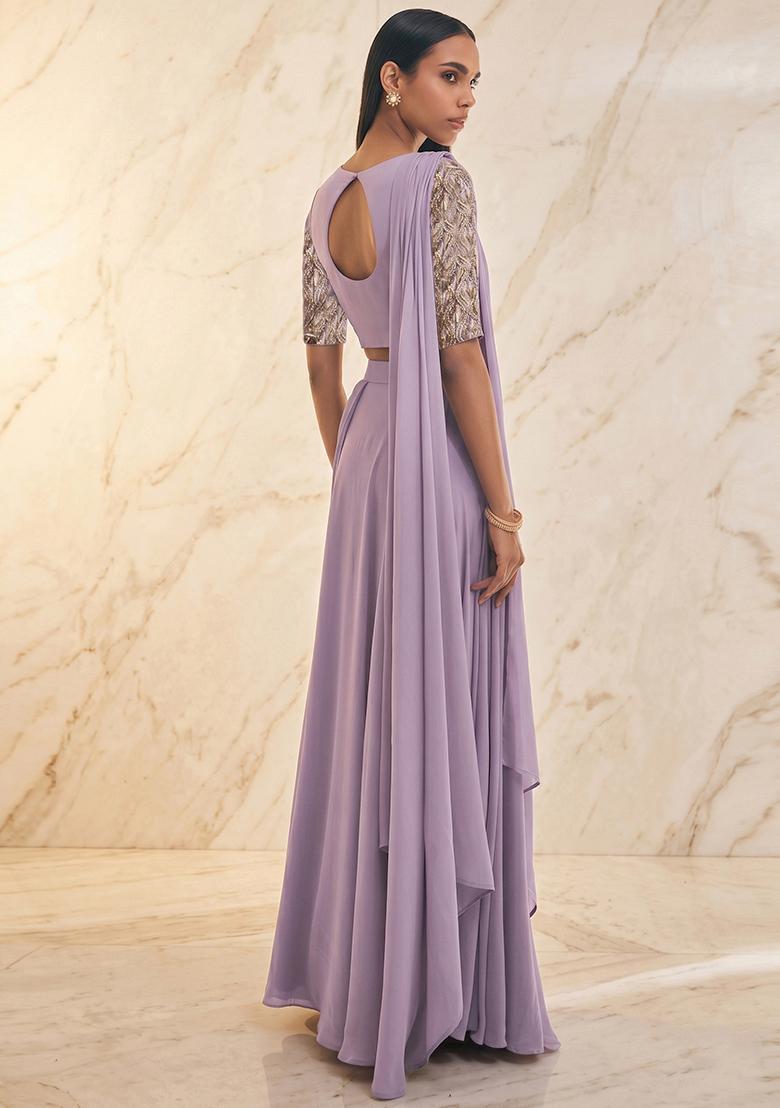Lilac Embroidered Handwork Pre Draped Saree Set - Indya