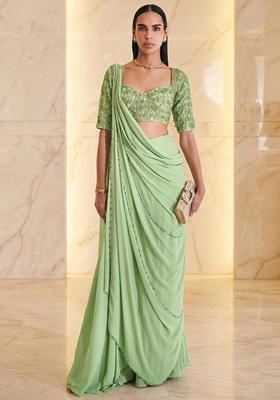 Light Green Embroidered Handwork Pre Draped Saree Set
