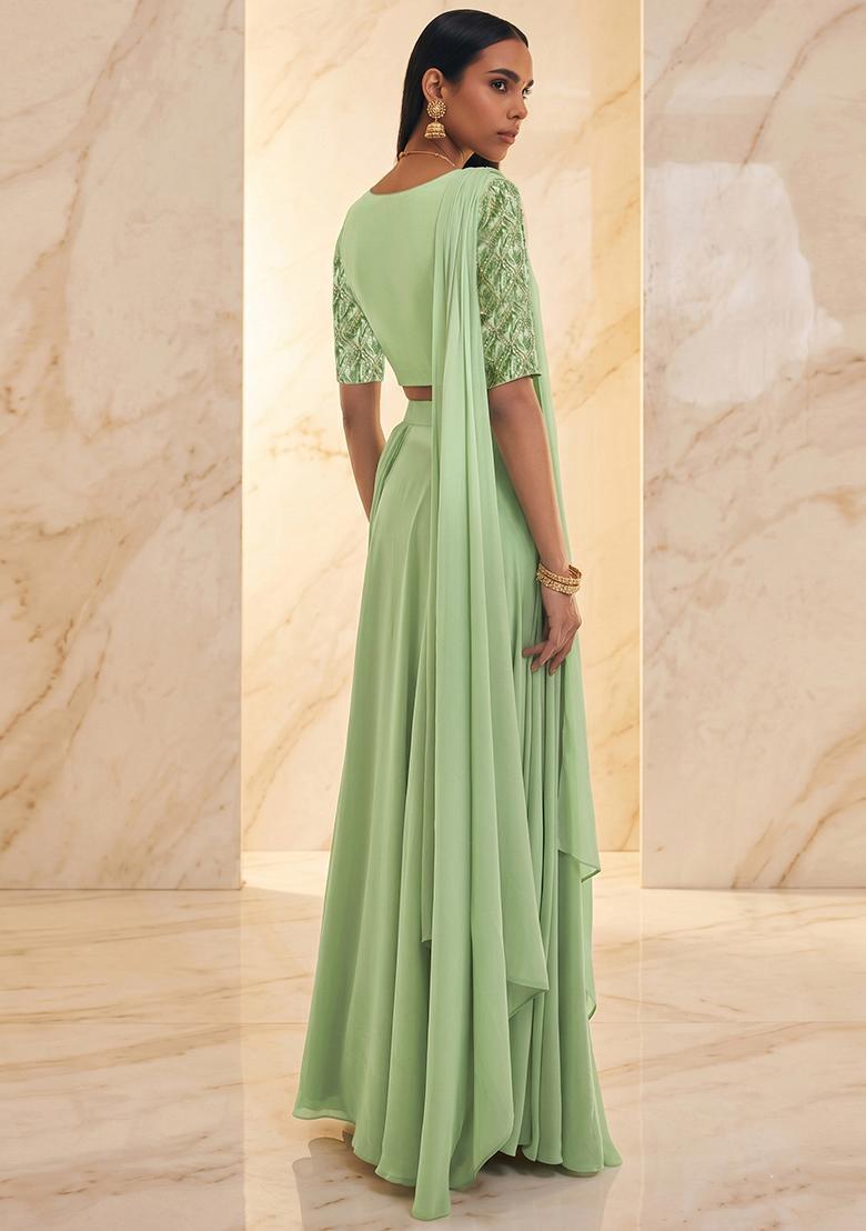 Light Green Embroidered Handwork Pre Draped Saree Set - Indya