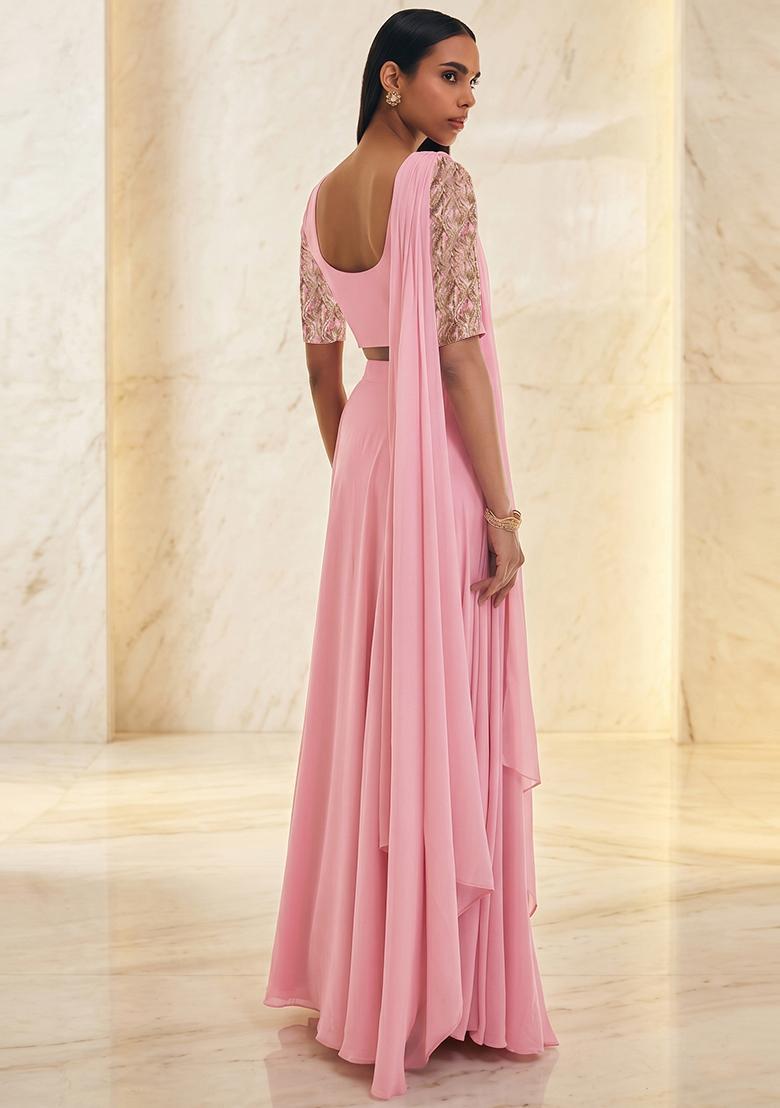 Pink Embroidered Handwork Pre Draped Saree Set - Indya