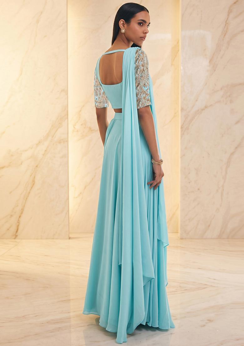 Light Blue Embroidered Handwork Pre Draped Saree Set - Indya