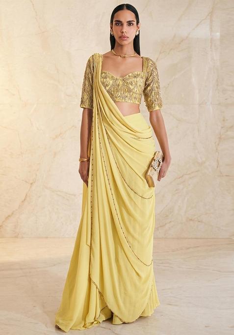 Lime Green Embroidered Handwork Pre Draped Saree Set