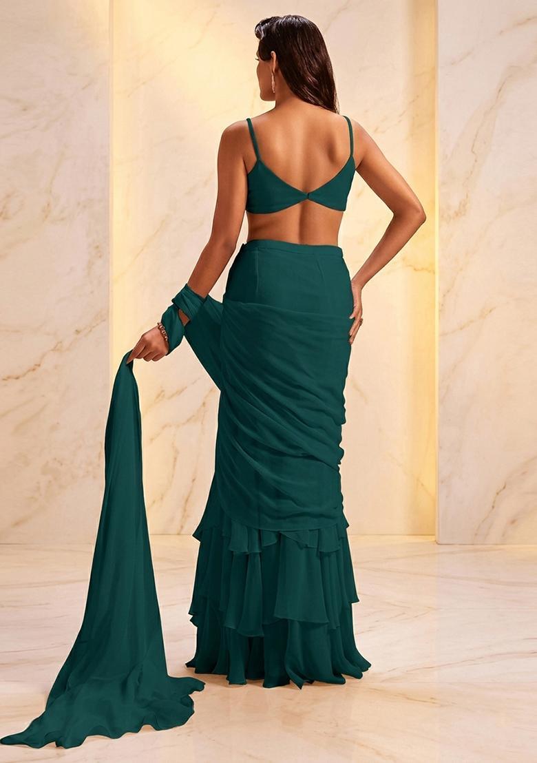 Dark Green Embroidered Handwork Pre Draped Saree Set - Indya