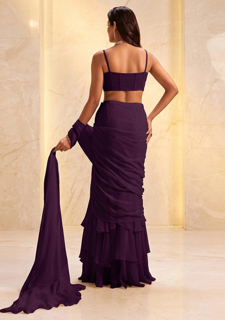 Dark Purple Embroidered Handwork Pre Draped Saree Set - Indya