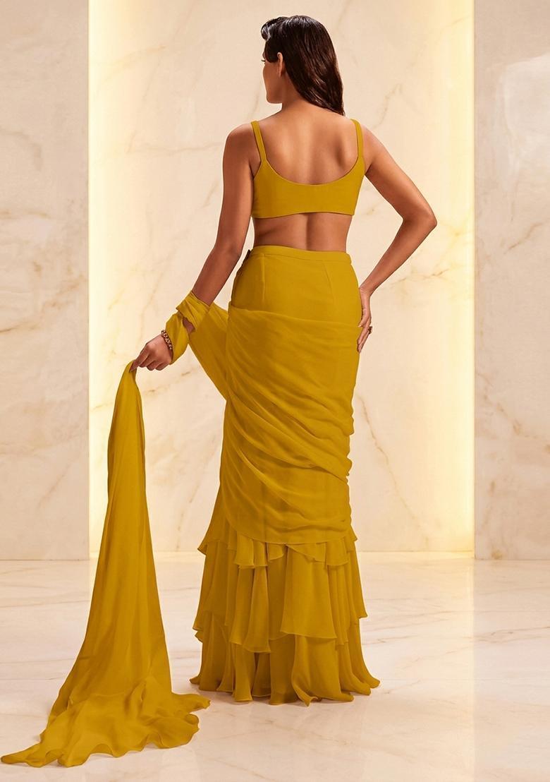 Mustard Yellow Embroidered Handwork Pre Draped Saree Set - Indya