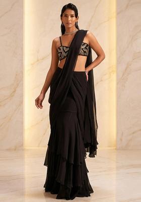 Black Embroidered Handwork Pre Draped Saree Set
