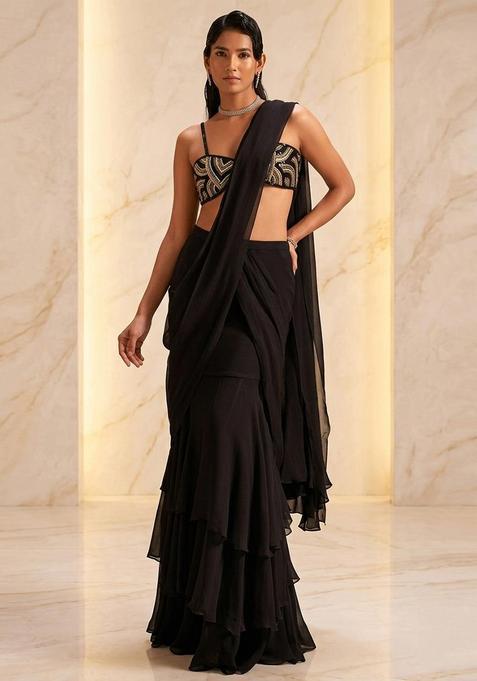Black Embroidered Handwork Pre Draped Saree Set
