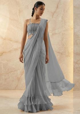 Grey Embroidered Handwork Pre Draped Saree Set