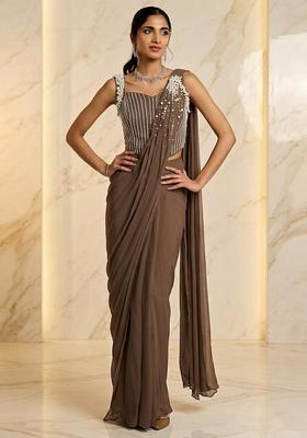 Beige Embroidered Handwork Pre Draped Saree Set