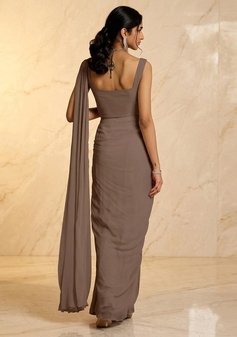 Beige Embroidered Handwork Pre Draped Saree Set - Indya