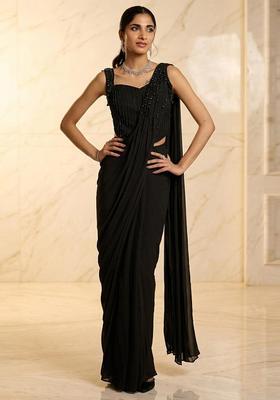 Black Embroidered Handwork Pre Draped Saree Set