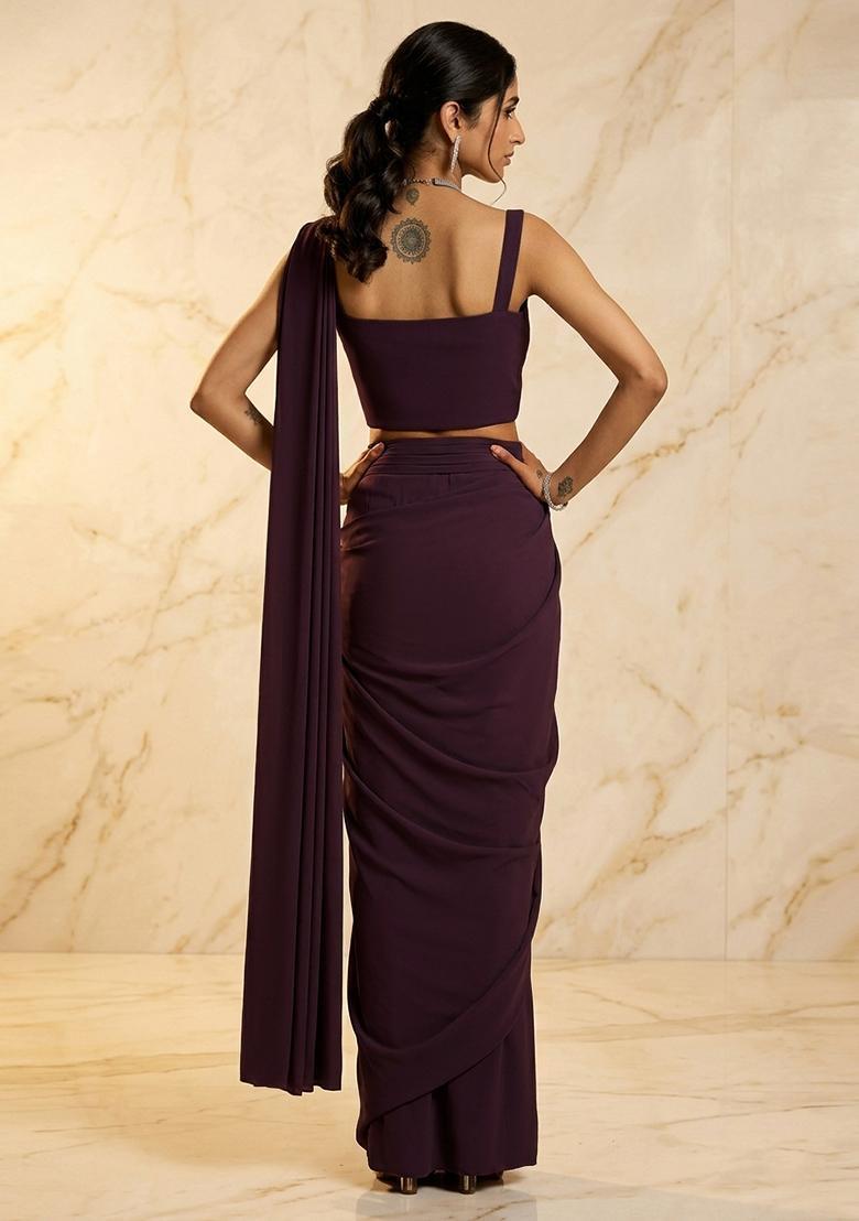 Deep Plum Embroidered Handwork Pre Draped Saree Set - Indya