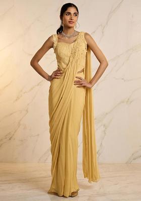 Gold Embroidered Handwork Pre Draped Saree Set