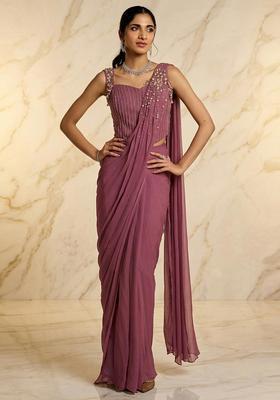 Mauve Embroidered Handwork Pre Draped Saree Set
