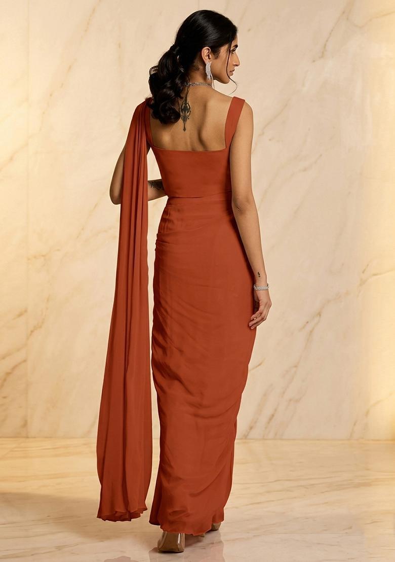 Rust Embroidered Handwork Pre Draped Saree Set - Indya