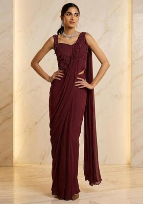 Wine Embroidered Handwork Pre Draped Saree Set