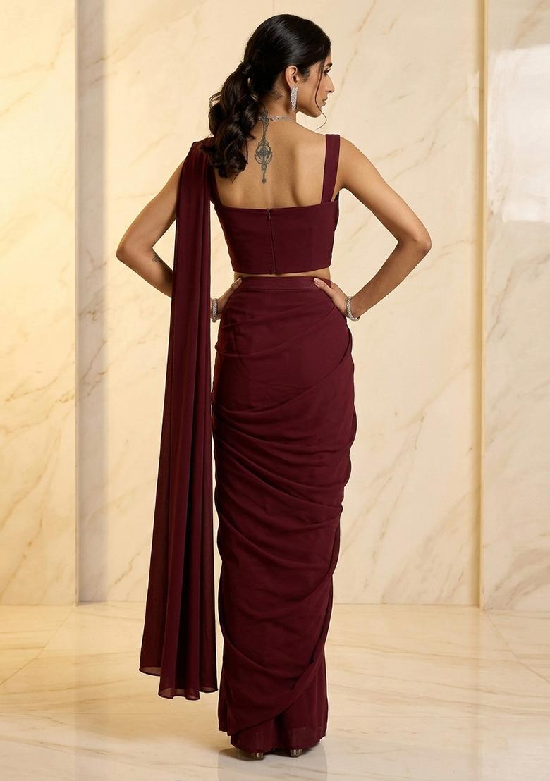 Wine Embroidered Handwork Pre Draped Saree Set - Indya
