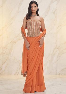 Orange Embroidered Handwork Pre Draped Saree Set