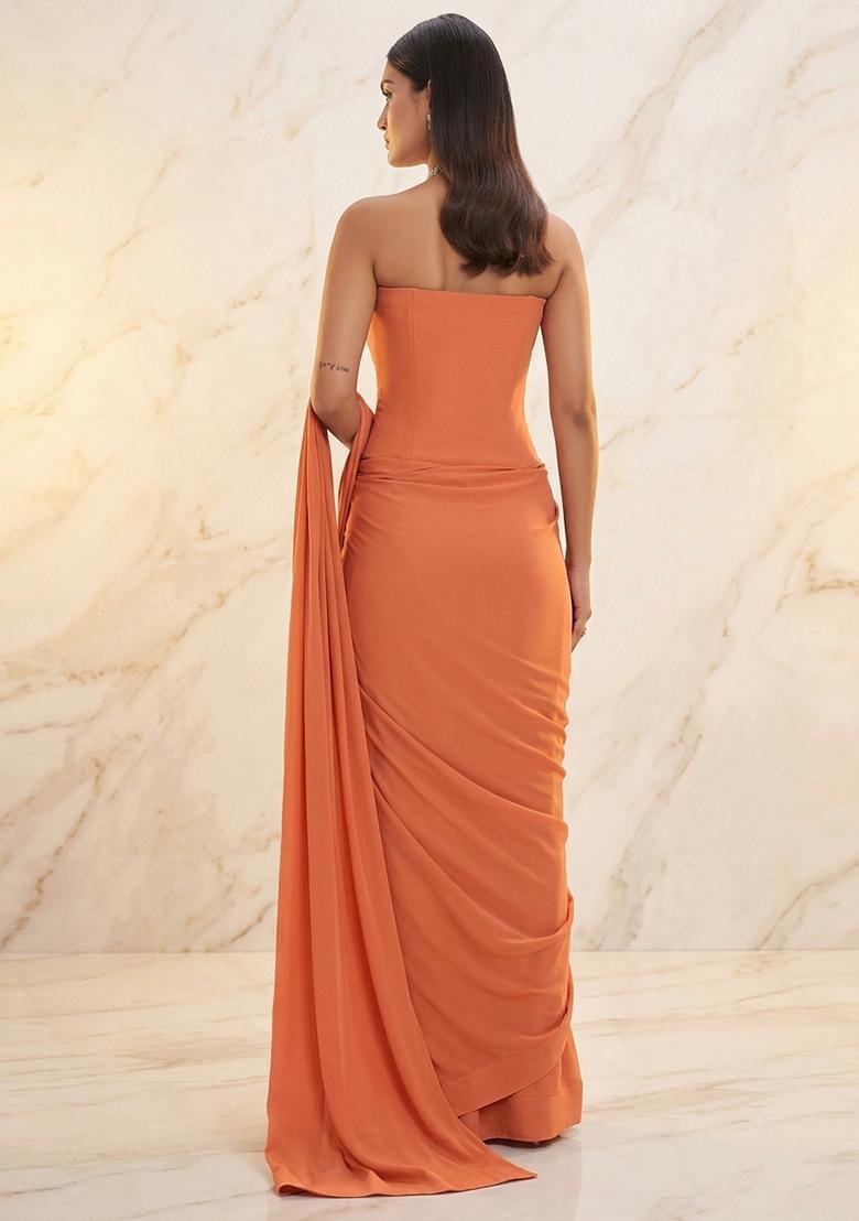 Orange Embroidered Handwork Pre Draped Saree Set - Indya