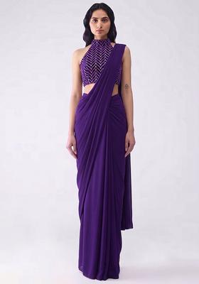 Purple Silk Blend Pre Draped Saree Set