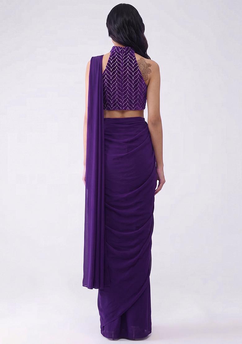 Purple Silk Blend Pre Draped Saree Set - Indya