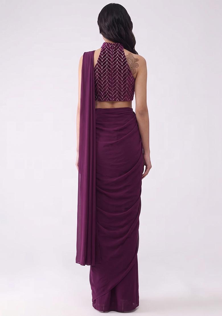Wine Silk Blend Pre Draped Saree Set - Indya
