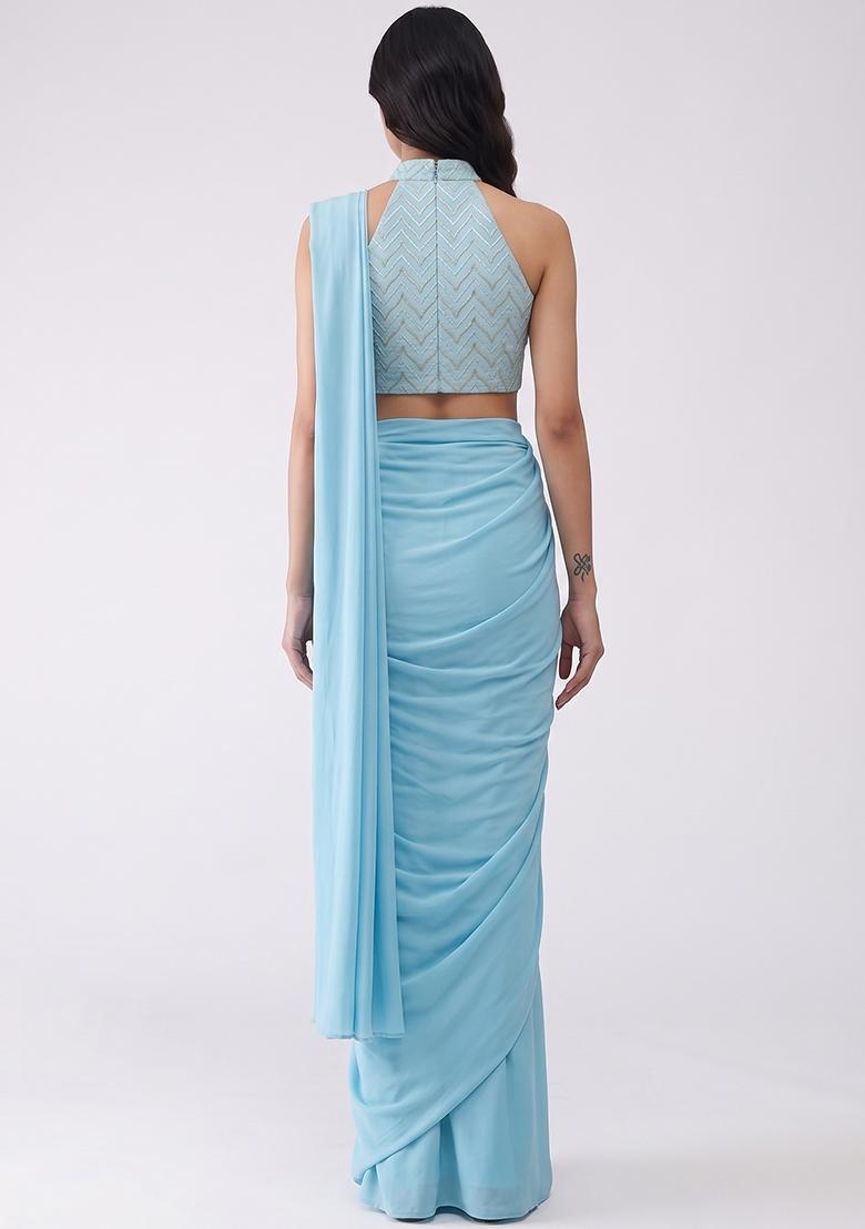 Blue Silk Blend Pre Draped Saree Set - Indya