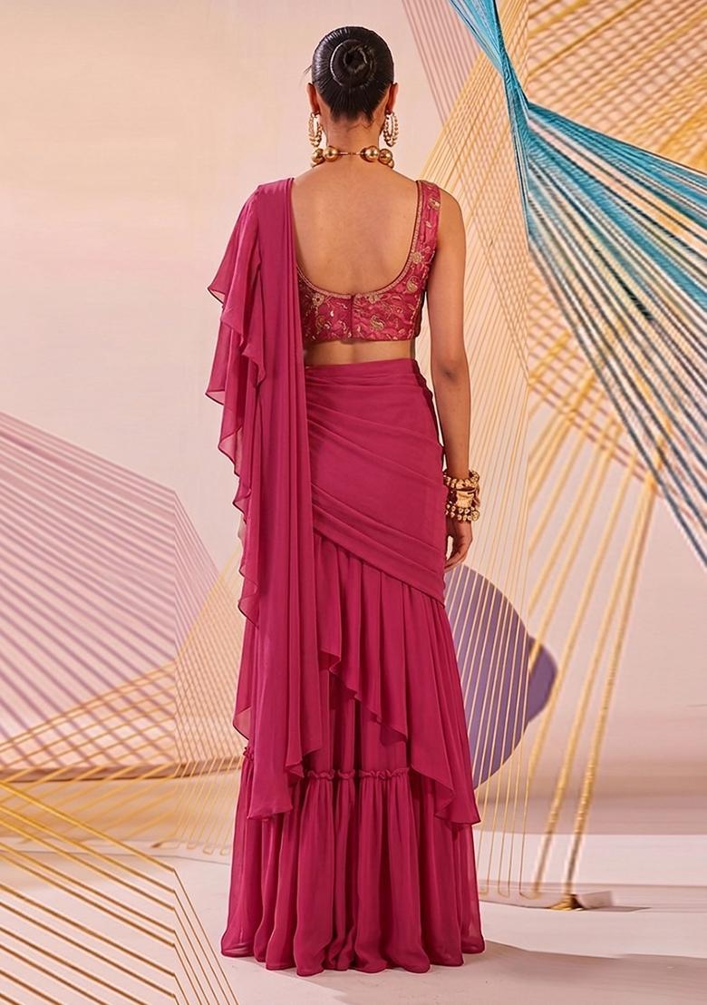 Pink Embroidered Tissue Pre Draped Saree Set - Indya