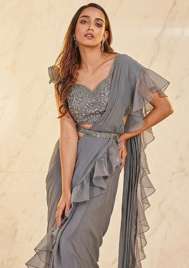 Grey Embroidered Handwork Pre Draped Saree Set - Indya