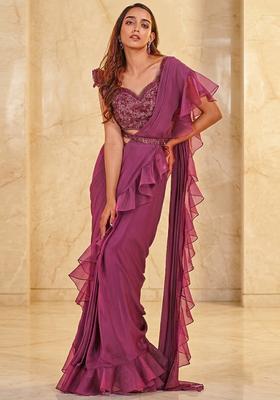 Mauve Embroidered Handwork Pre Draped Saree Set