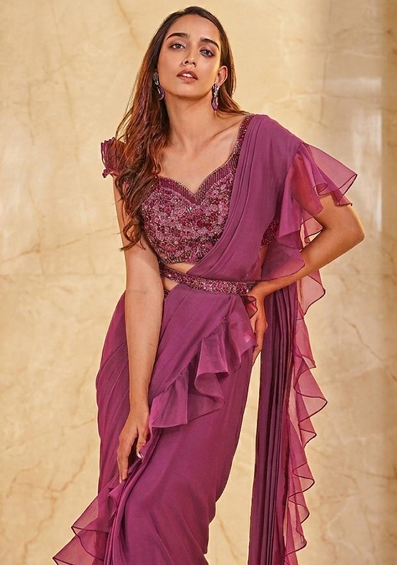 Mauve Embroidered Handwork Pre Draped Saree Set - Indya