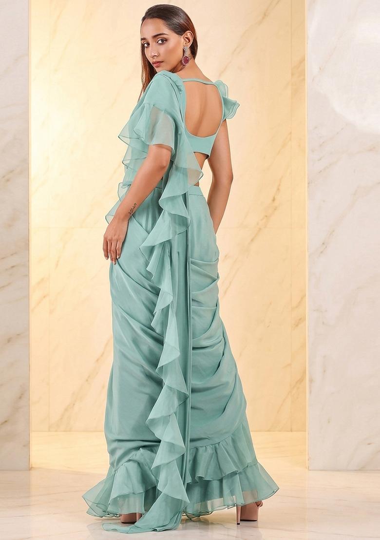 Mint Embroidered Handwork Pre Draped Saree Set - Indya