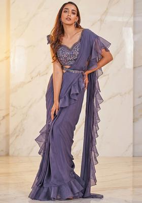 Purple Embroidered Handwork Pre Draped Saree Set