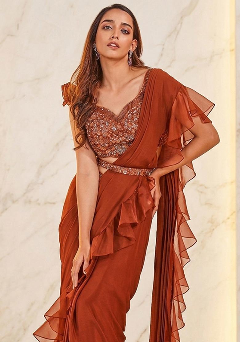 Rust Embroidered Handwork Pre Draped Saree Set - Indya