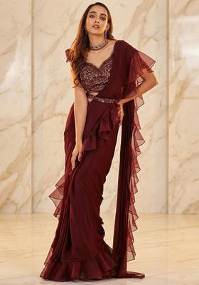 Wine Embroidered Handwork Pre Draped Saree Set