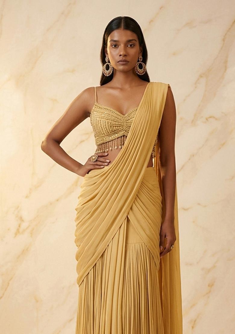 Yellow Embroidered Handwork Pre Draped Saree Set - Indya