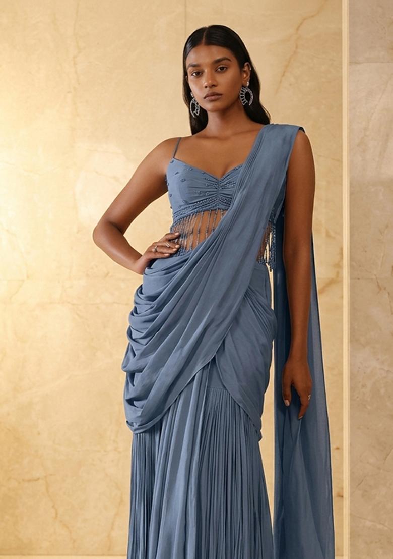 Powder Blue Embroidered Handwork Pre Draped Saree Set - Indya