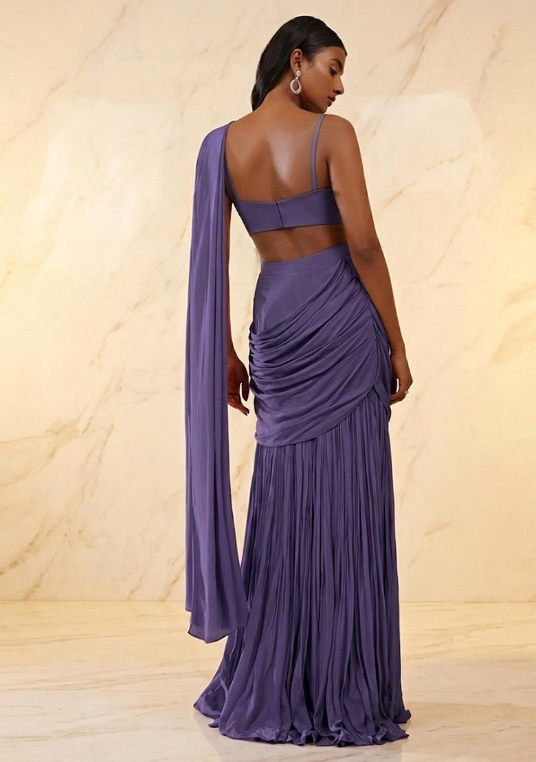 Purple Embroidered Handwork Pre Draped Saree Set - Indya