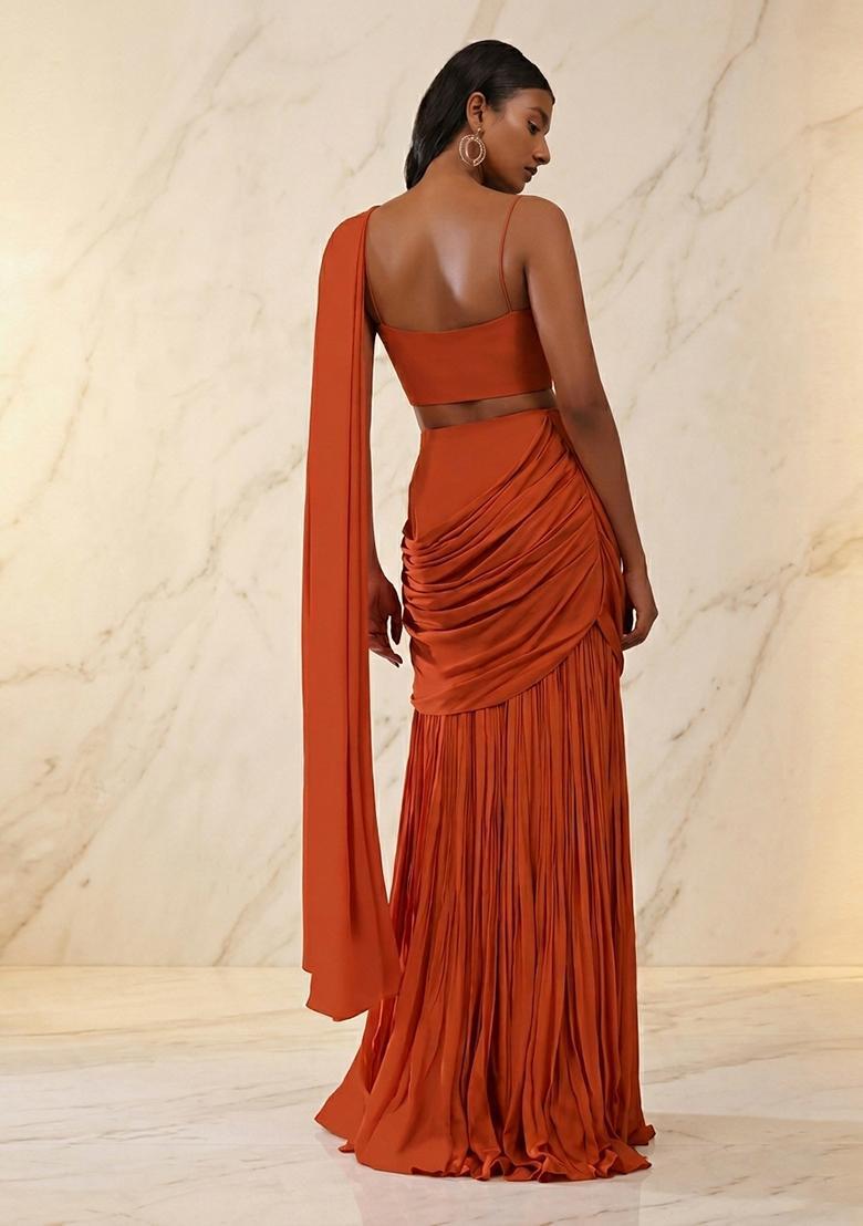 Rust Embroidered Handwork Pre Draped Saree Set - Indya