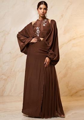 Brown Embroidered Handwork Fusion Set