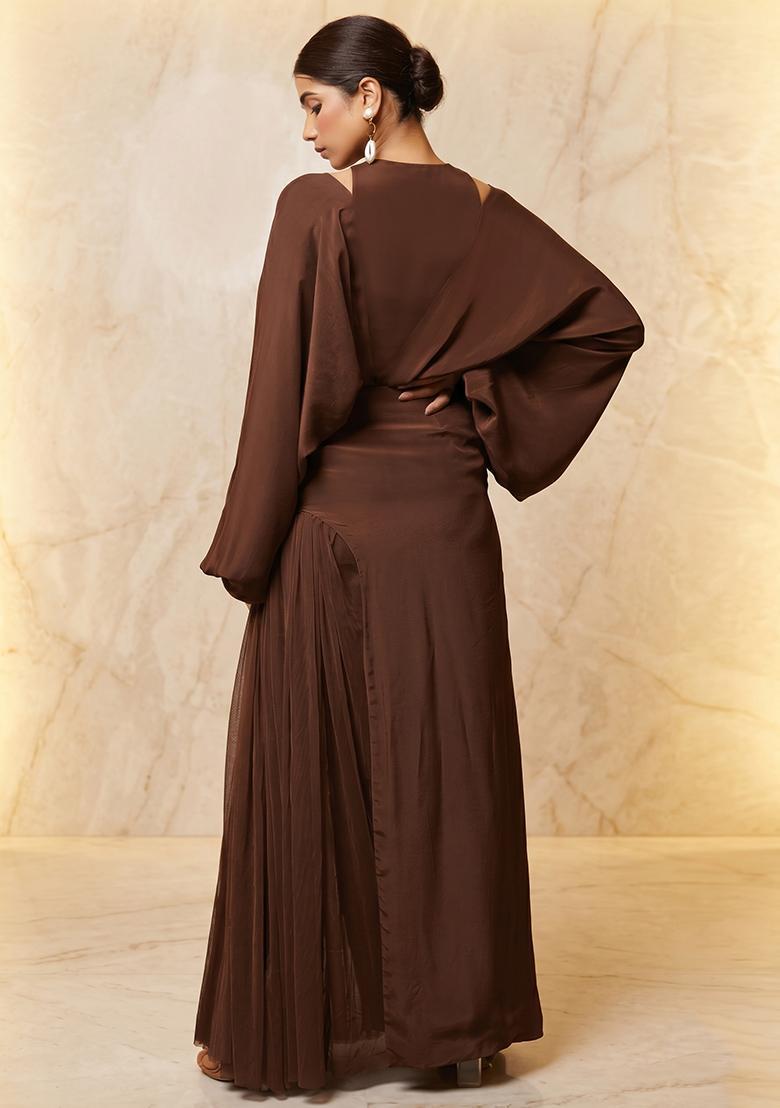 Brown Embroidered Handwork Fusion Set - Indya